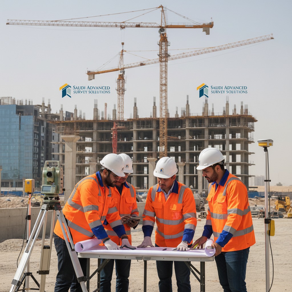 A team of professional survey engineers wearing safety helmets and reflective jackets, reviewing engineering drawings at a modern construction site in Saudi Arabia, with Total Station equipment, GNSS GPS devices, cranes, and infrastructure projects in the background, ultra-realistic corporate photography, premium engineering company, bright daylight.